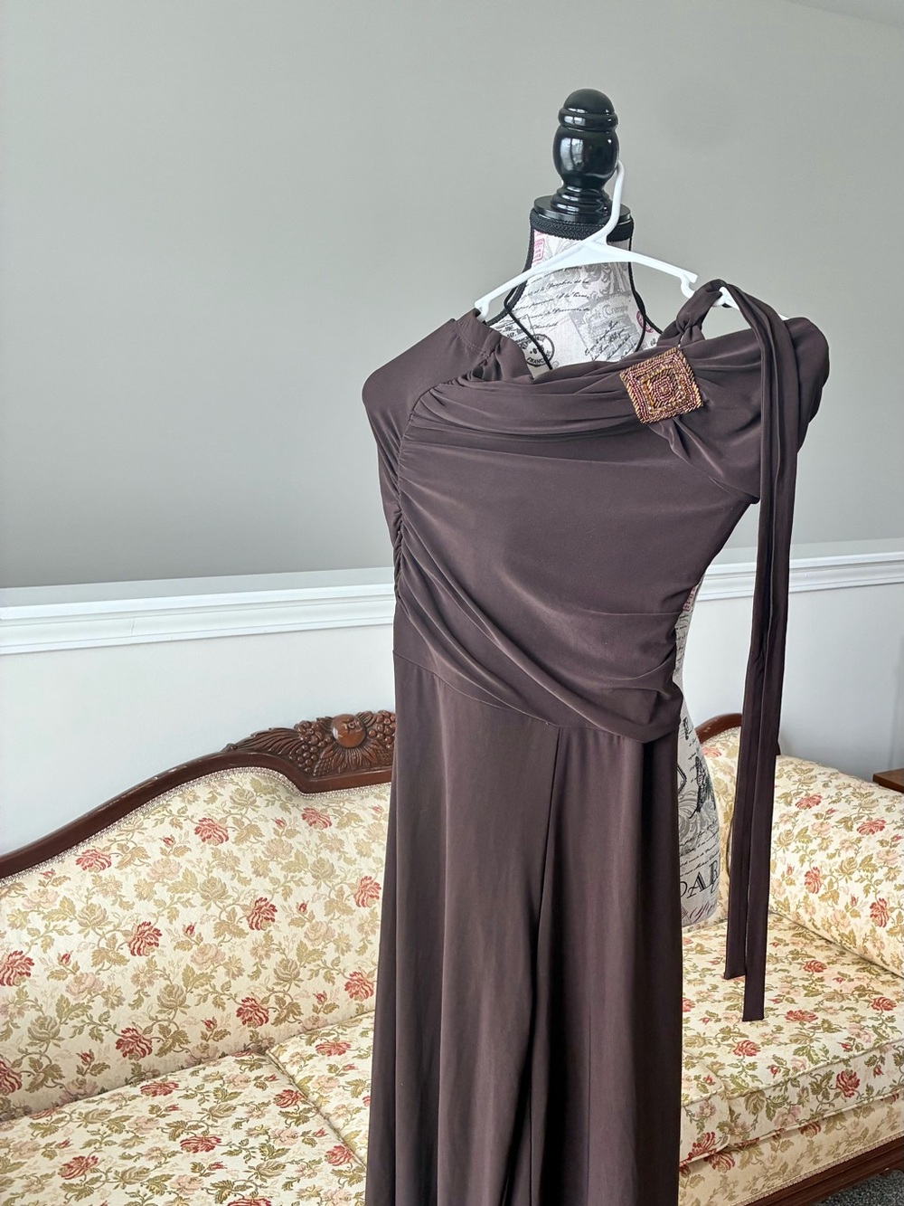 B. Smart Chocolate Brown Draped One-Shoulder Asymmetrical Jumpsuit